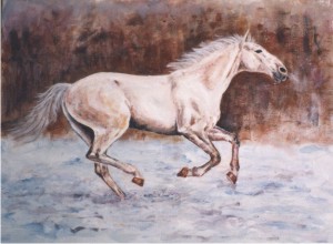 White Mare Running in Snow